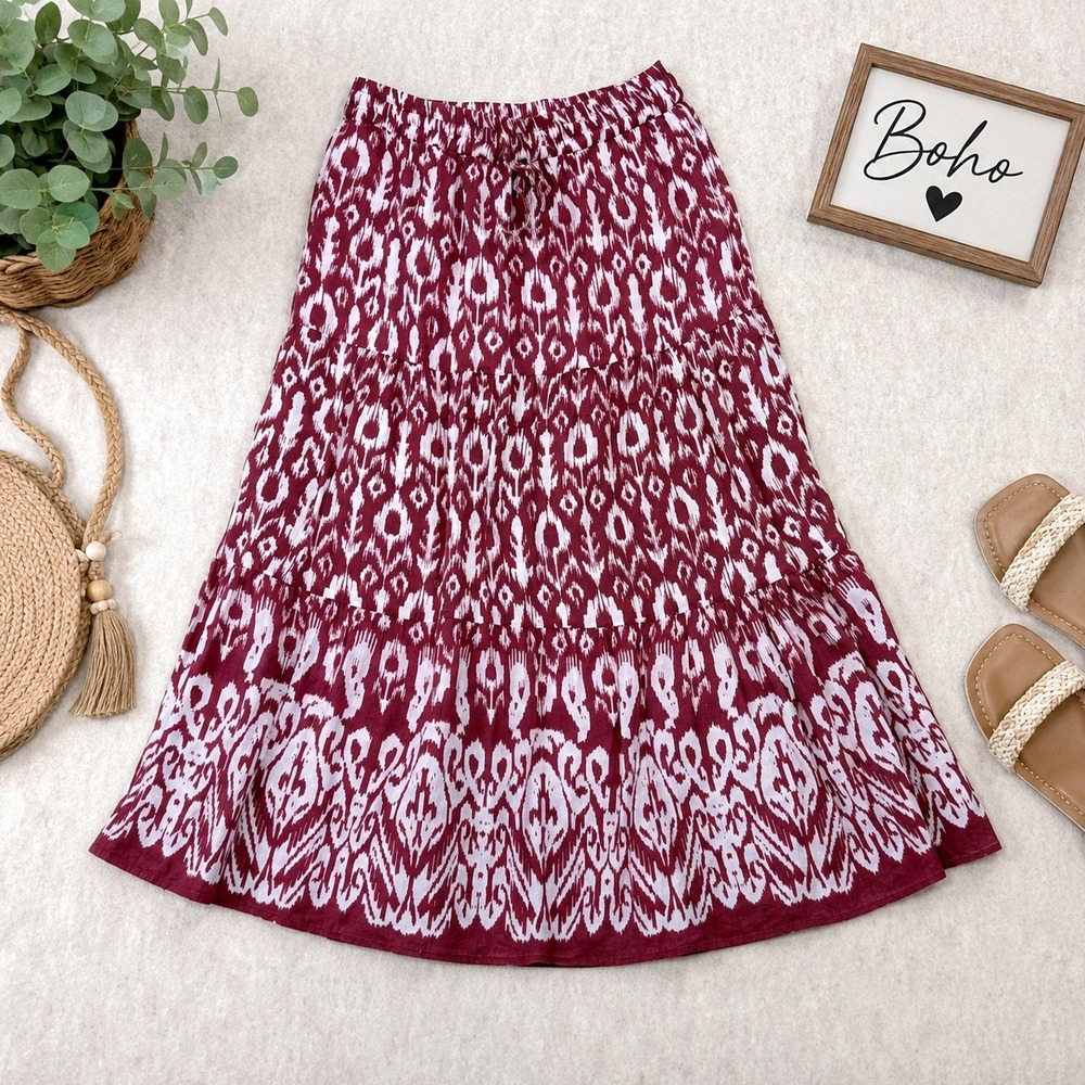 Mlle Gabrielle Womens XL Red White Ikat Maxi Skirt Boho Tiered Cotton Drawstring